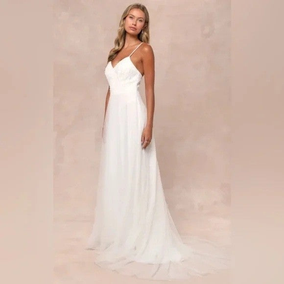 Lulus Love Perfection White Lace Tulle Pearl Beaded Maxi Dress Size M