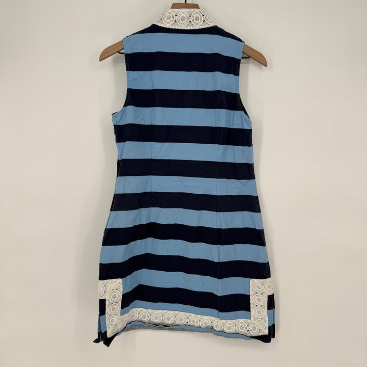 STS Sail to Sable Blue Navy Striped Crochet Trim Sleeveless Tunic Dress M