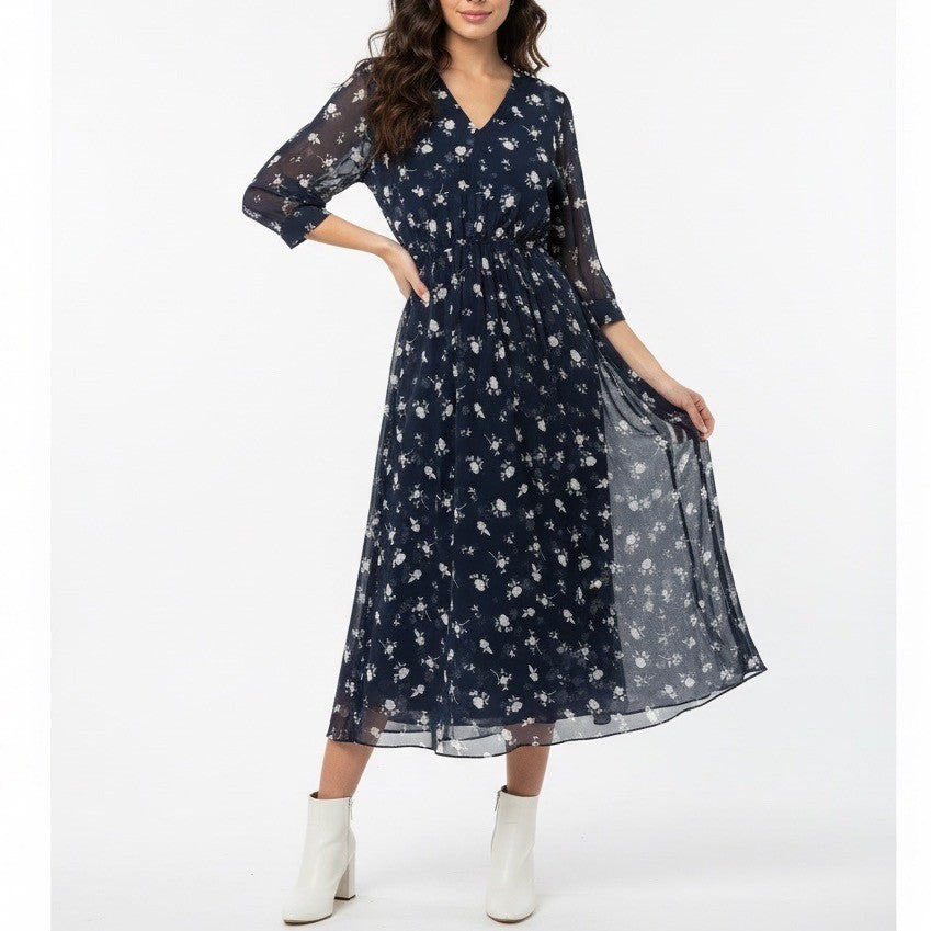 Cabi Navy Floral Print Midi Dress Size 6 V Neck Sheer Sleeve