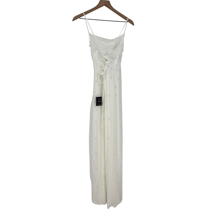 Lulus Unbelievably Divine White Mesh Pearl Lace-Up Jumpsuit Size S