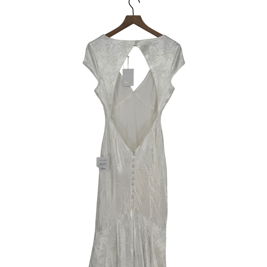 Lulus Loveliest Dream White Satin Jacquard Backless Mermaid Maxi Dress Size L