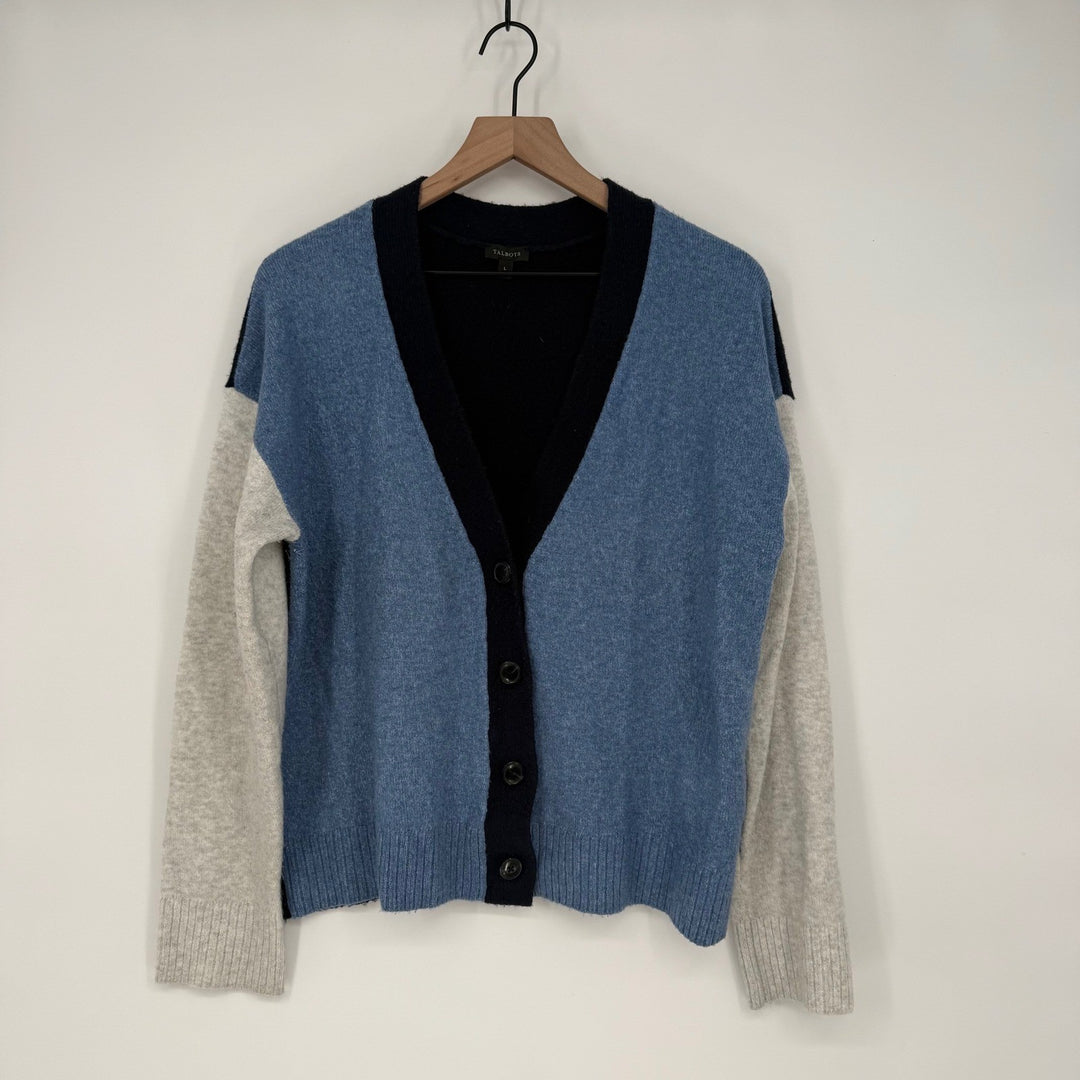 Talbots Color Block Cardigan Sweater Large Blue Gray Black Button Front Knit