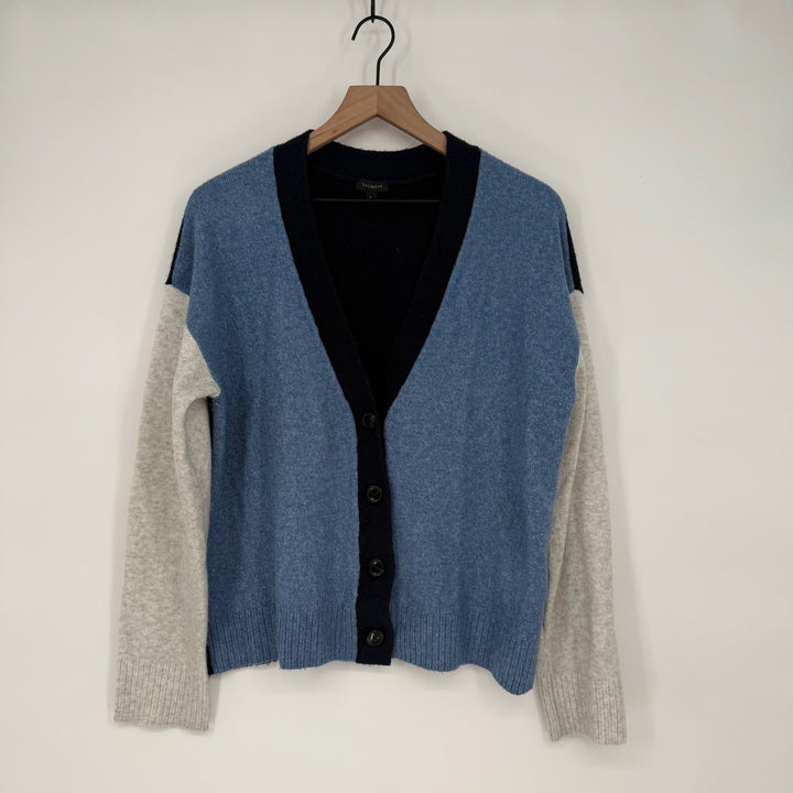Talbots Color Block Cardigan Sweater Large Blue Gray Black Button Front Knit