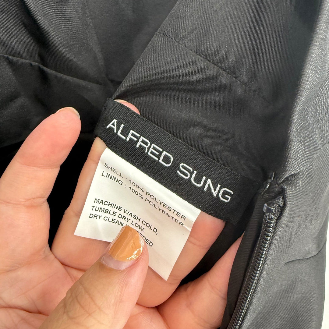 Alfred Sung Deep V-Back Satin Trumpet Dress With Cascading Bow At On Shoulder