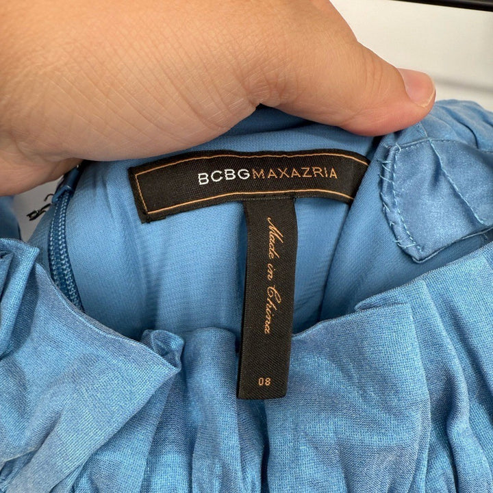 BCBGMaxazria Blue Mini Dress Form Fitting With Ruffles Women's Size 8