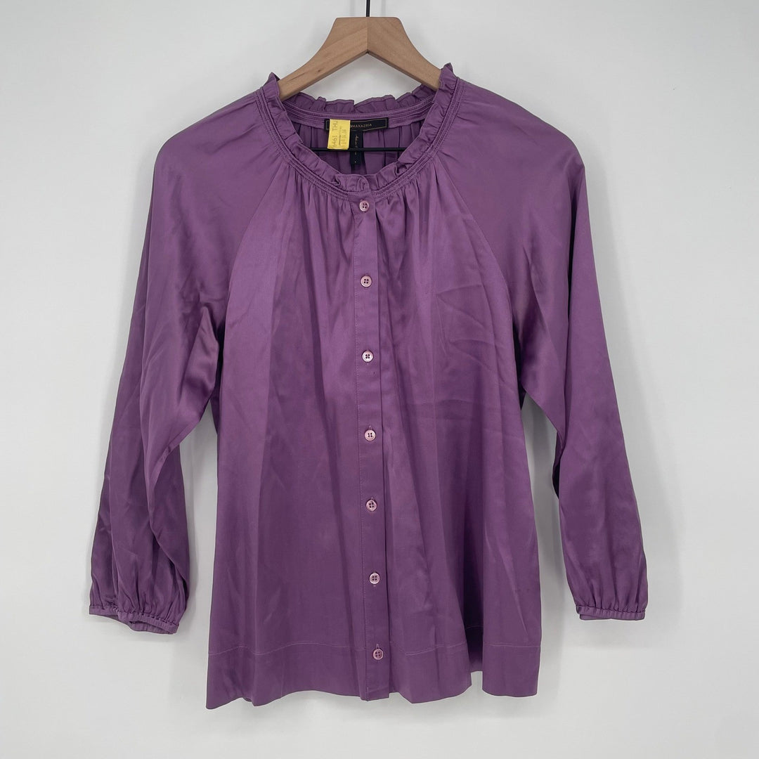 BCBGMAXAZRIA Purple Silk Blend Ruffle Neck Button Front Blouse Top Size S