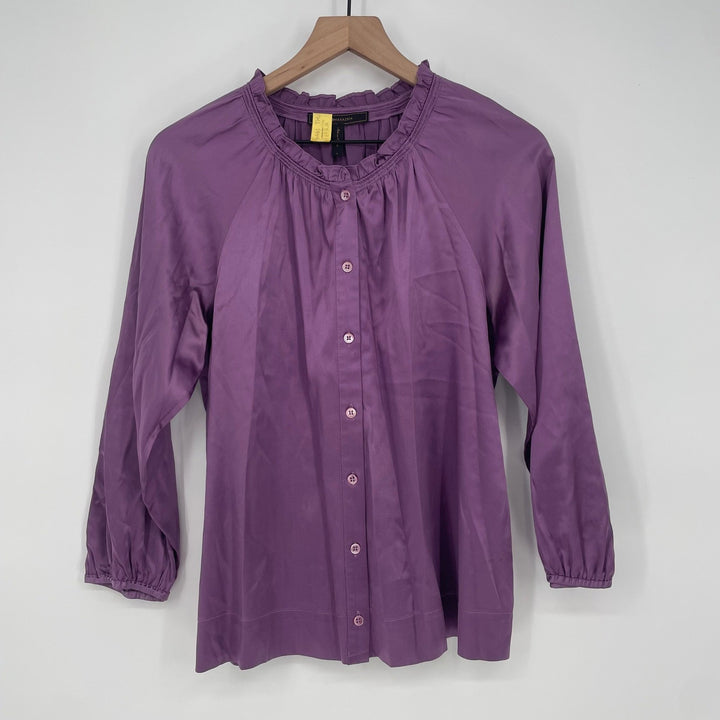 BCBGMAXAZRIA Purple Silk Blend Ruffle Neck Button Front Blouse Top Size S