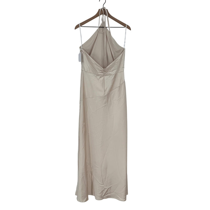 Lovely new beige satin halter bias cut asymmetric flowy maxi dress size L