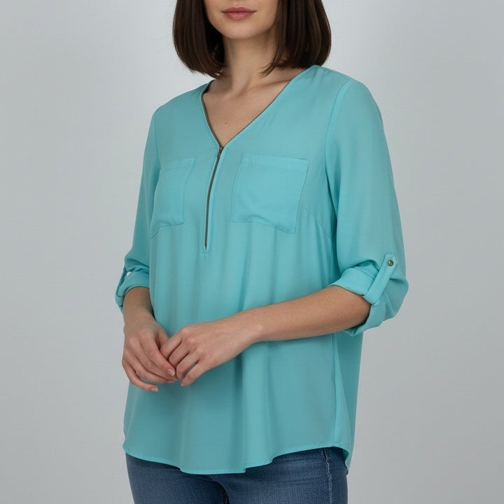 ZAC & RACHEL Turquoise V Neck Half Zip Roll Tab Sleeve Blouse Shirt Top Size S