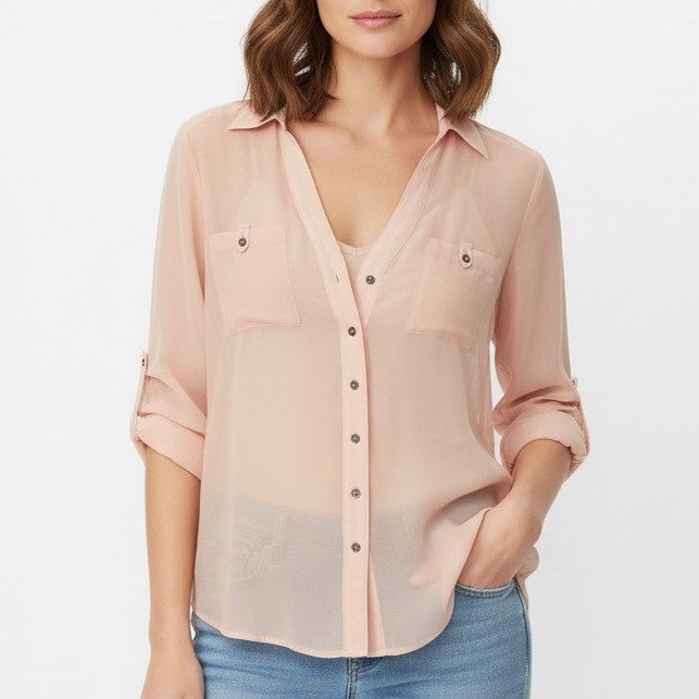 2b Bebe Sheer Peach Button Down Shirt Roll Tab Sleeves Pockets Size S