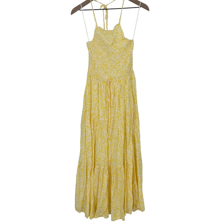 LOST WANDER Yellow White Floral Smocked Halter Maxi Dress XS