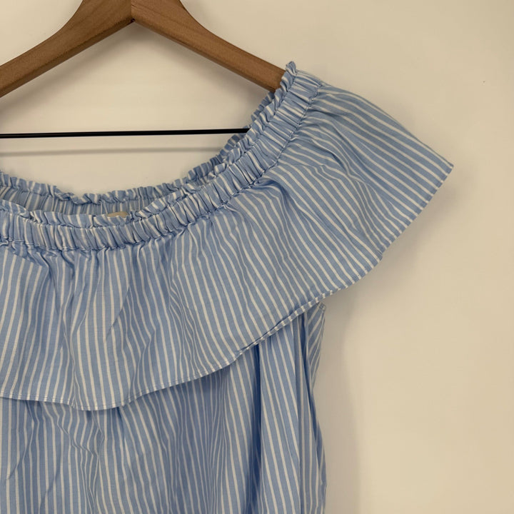 LOFT Blue White Striped Off The Shoulder Ruffle Top Size Large