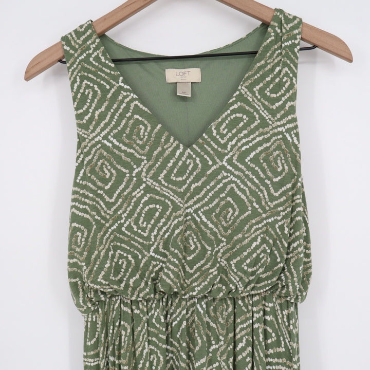 LOFT Outlet Petite Green Geo Print V Neck Sleeveless Midi Dress MP
