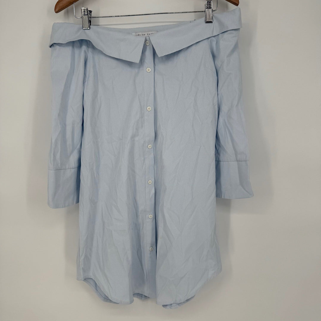 English Factory Light Blue Pinstripe Off Shoulder Button Down Shirt Dress