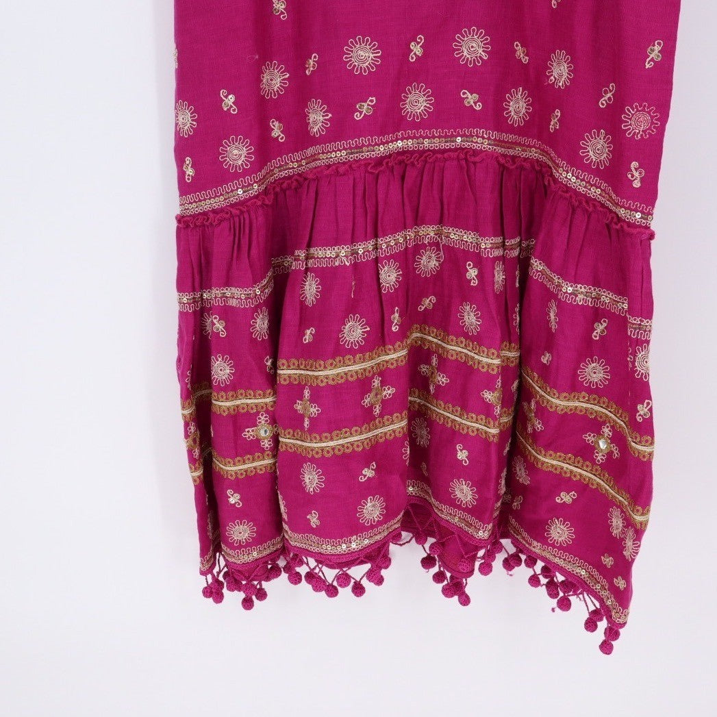 Calypso St Barth Pink Linen Beaded Pom Pom Flounce Dress XS