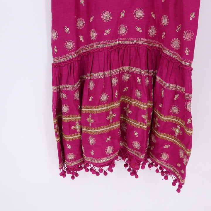 Calypso St Barth Pink Linen Beaded Pom Pom Flounce Dress XS