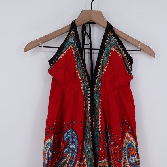 Advance Red Paisley Halter Dress Free Size Boho Festival Beach Vacation