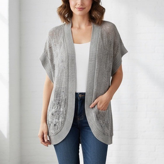 Two One Two New York Gray Open Knit Short Sleeve Cardigan Sweater Size M