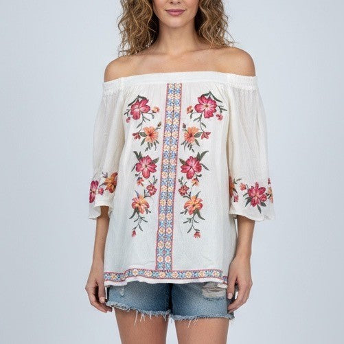 Umgee Off Shoulder Embroidered Floral Tunic Top Blouse Women's Size Medium Cream