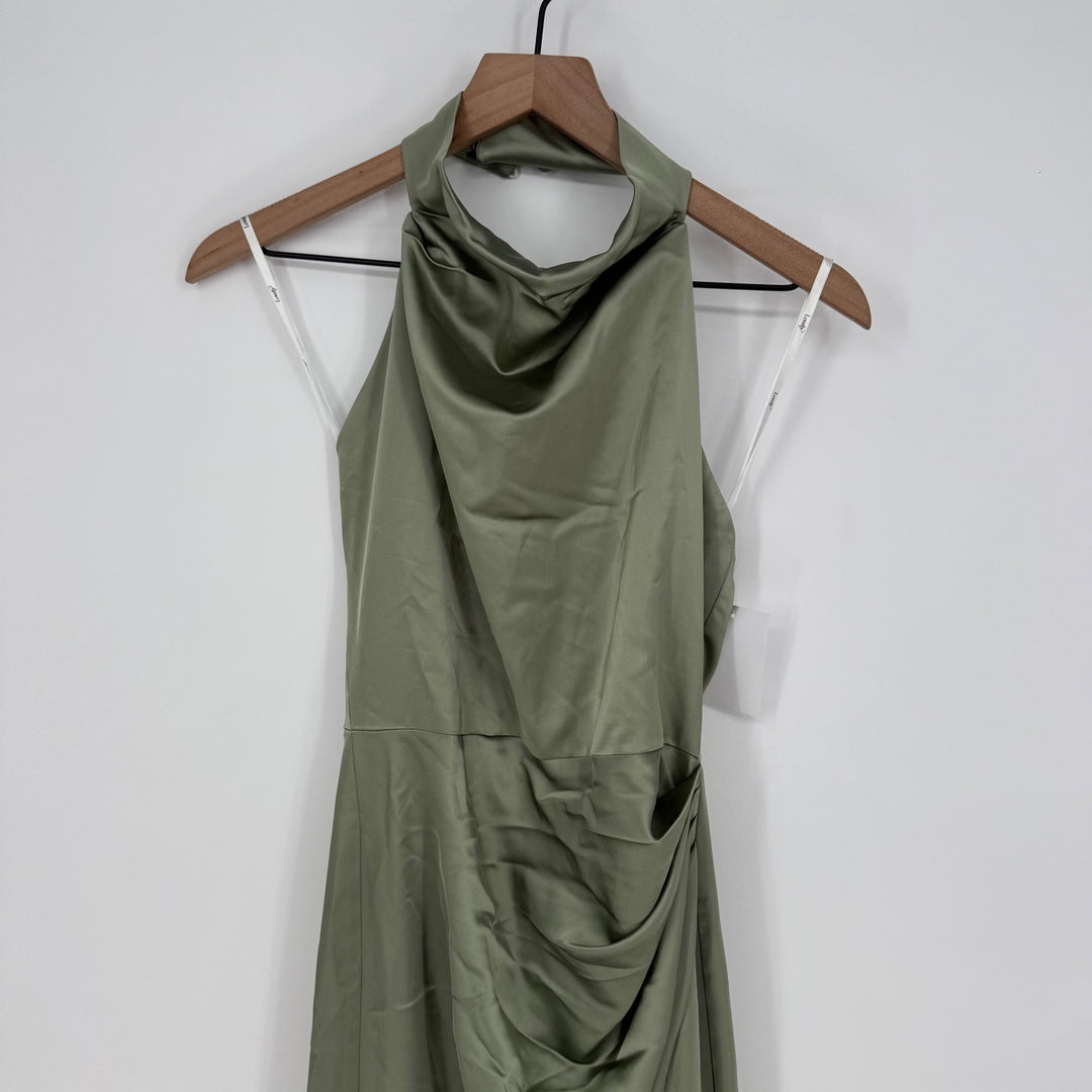 Lovely Noor Cowl Halter Open-Back Satin Maxi Dres In Sage Size XS