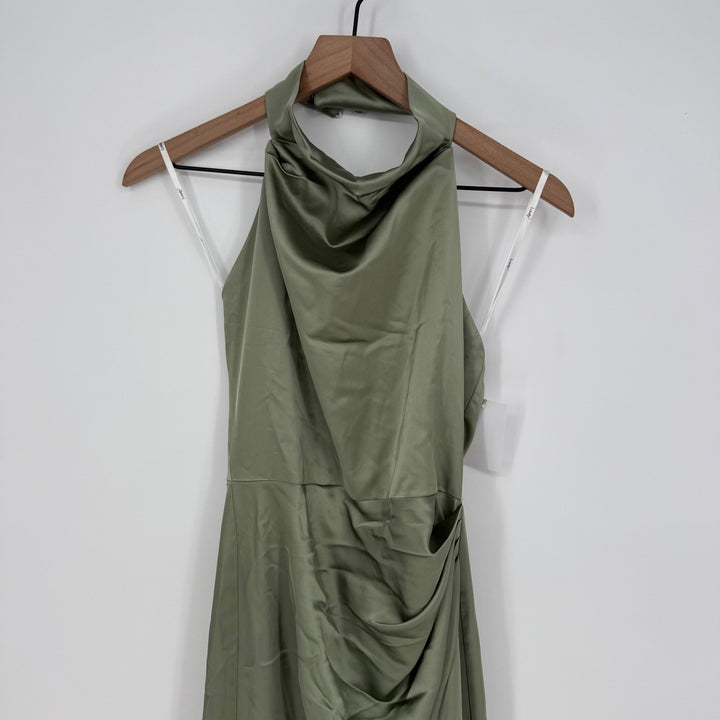 Lovely Noor Cowl Halter Open-Back Satin Maxi Dres In Sage Size XS