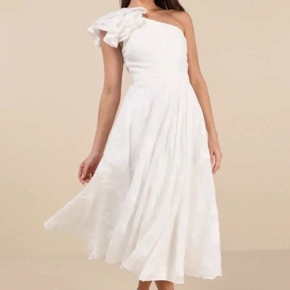Lulus Sweet Definition White Burnout Ruffled One-Shoulder Midi Dress Size M