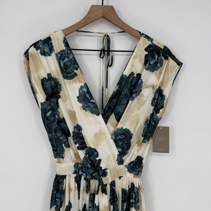 Christina Economou Floral Maxi Dress V Neck Cap Sleeve Empire Waist SIze 0