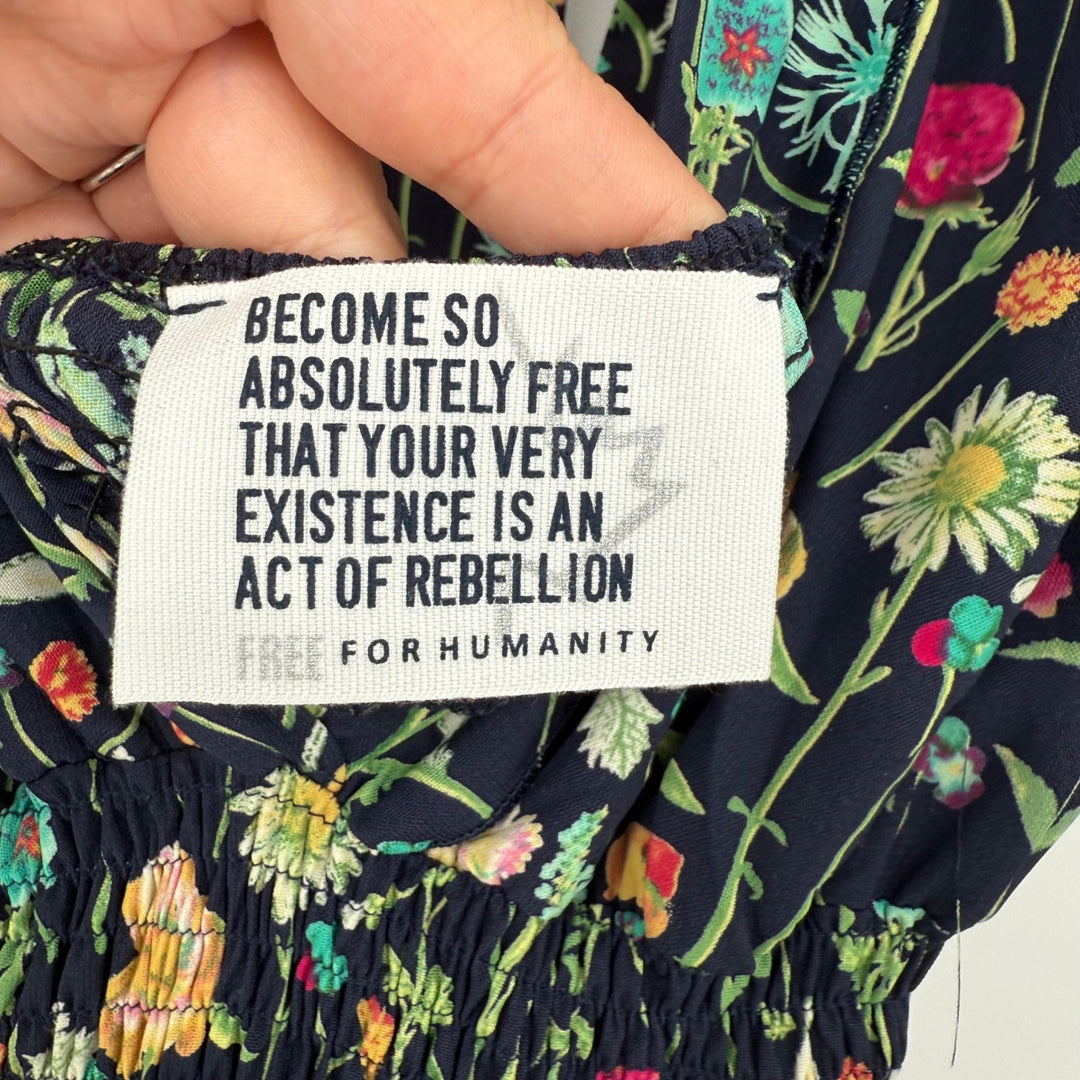 BETINA Floral Print Maxi Dress Deep V Neck Smocked Waist Tie Back Navy