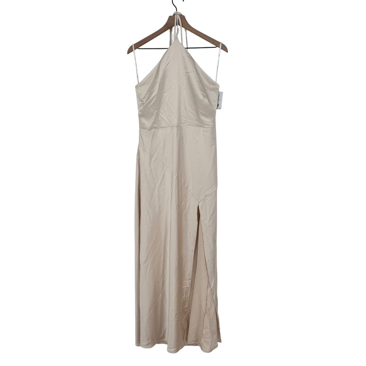 Lovely new beige satin halter bias cut asymmetric flowy maxi dress size L
