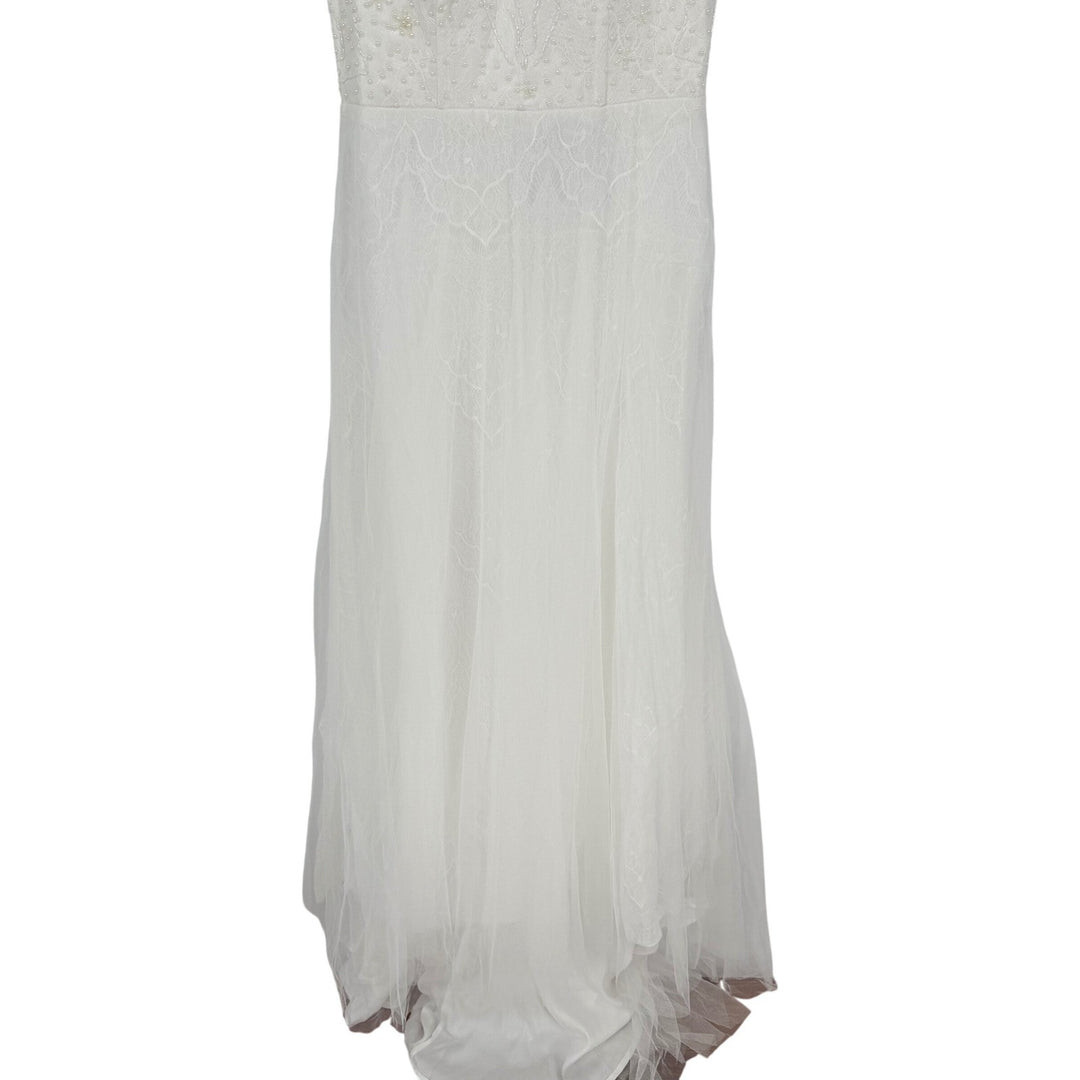 Lulus Love Perfection White Lace Tulle Pearl Beaded Maxi Dress Size M