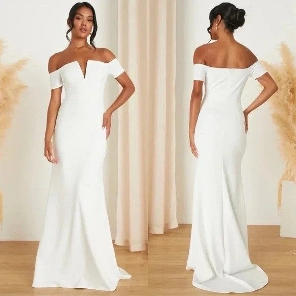 Lulus XS White Off Shoulder Maxi Dress Formal Wedding Guest Evening Gown
