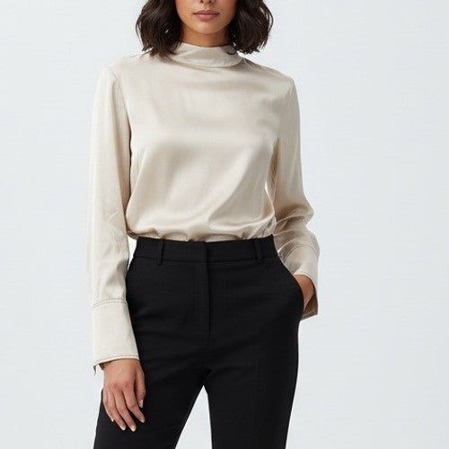 H&M Beige Satin Long Sleeve Button Cuff Blouse Shirt Top XS