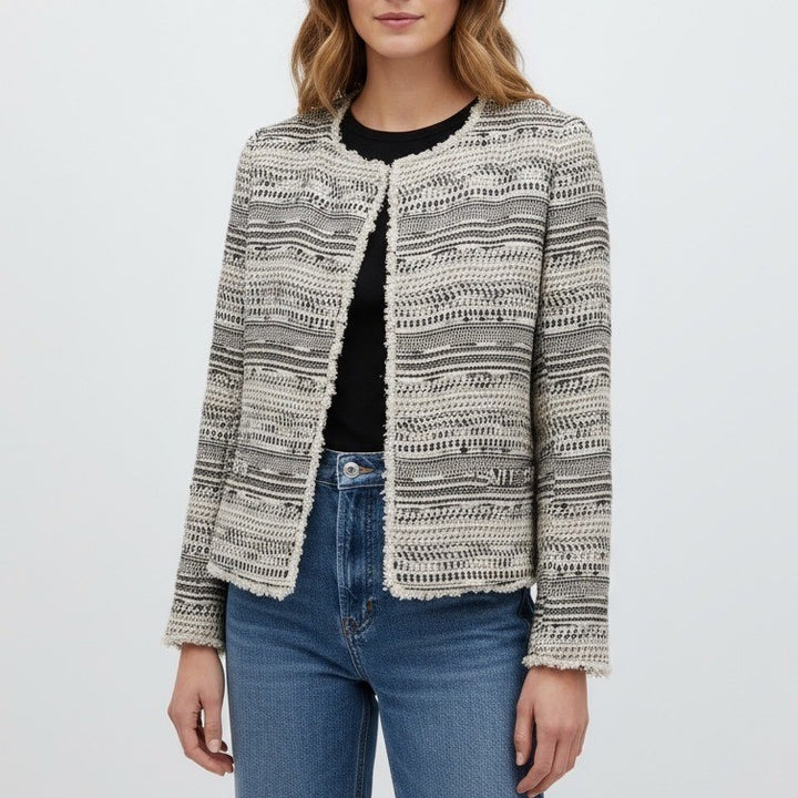 Joie Tweed Collarless Jacket Textured Fringe Open Front XS