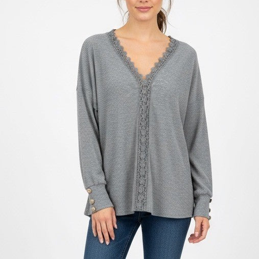 Gray Ribbed Long Sleeve Lace Trim V-Neck Button Cuff Casual Top Women's L