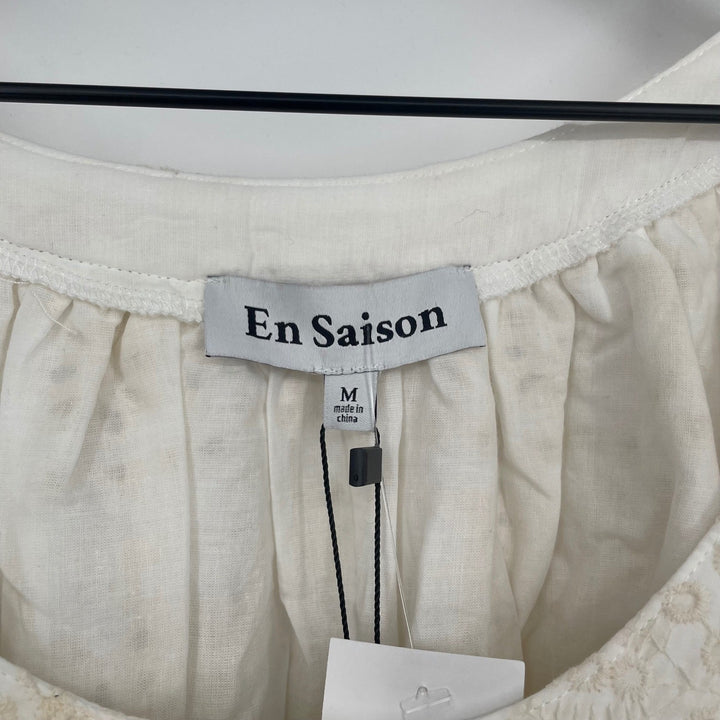 En Saison Eyelet Mini Dress Off White Puff Sleeve Square Neck Tiered Cotton M