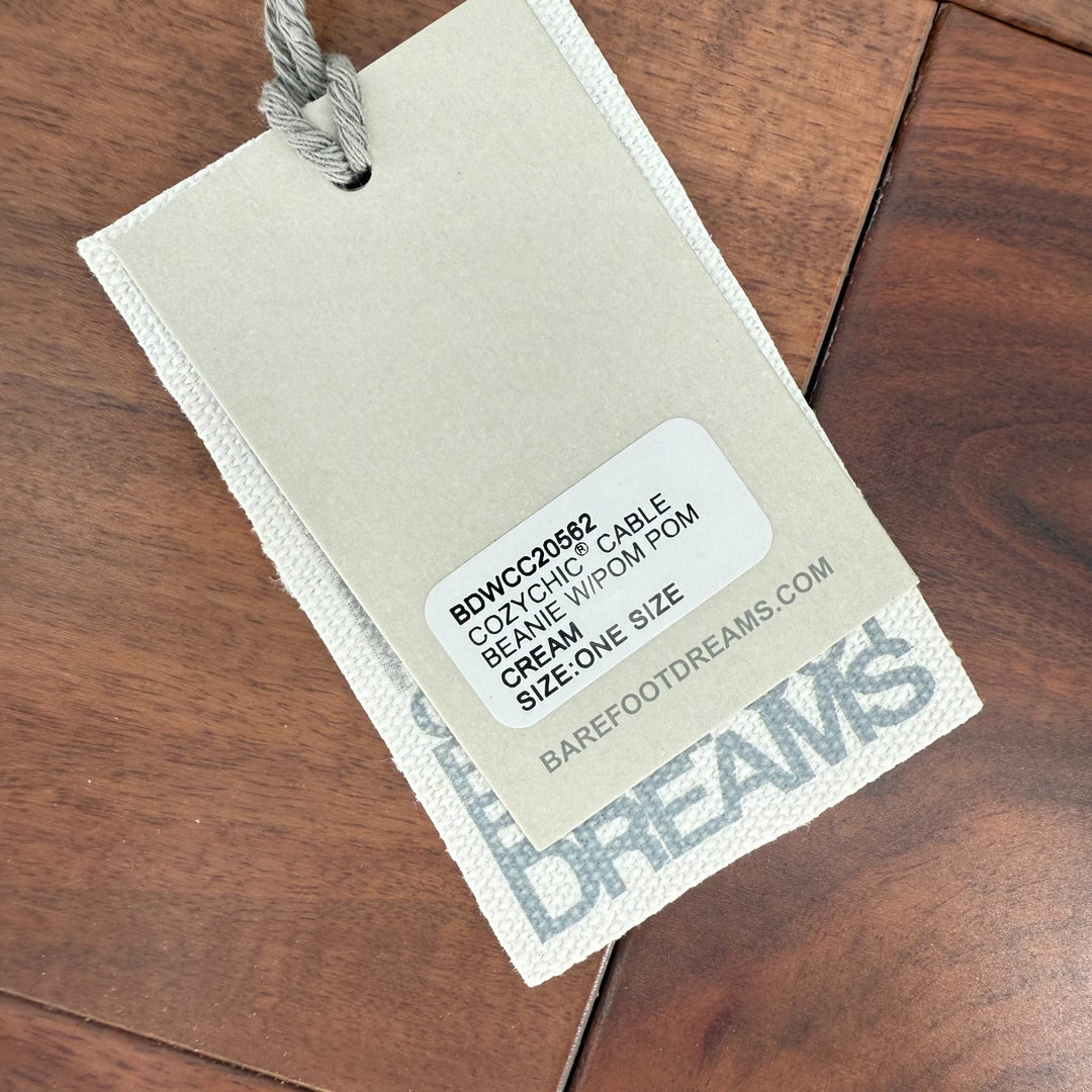 Barefoot Dreams CozyChic Pom Pom Beanie Hat Womens One Size Cream Cable Knit Cap