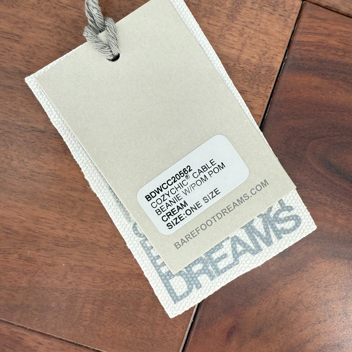 Barefoot Dreams CozyChic Pom Pom Beanie Hat Womens One Size Cream Cable Knit Cap