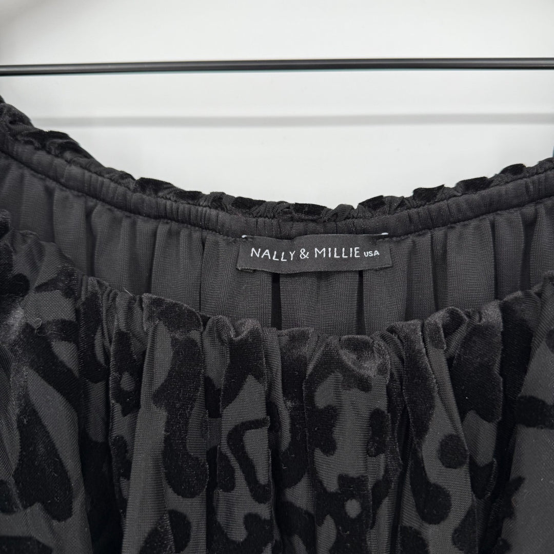 Nally & Millie Blouse Top Women S/M Black Burnout Velvet Nylon Lined Bell Sleeve