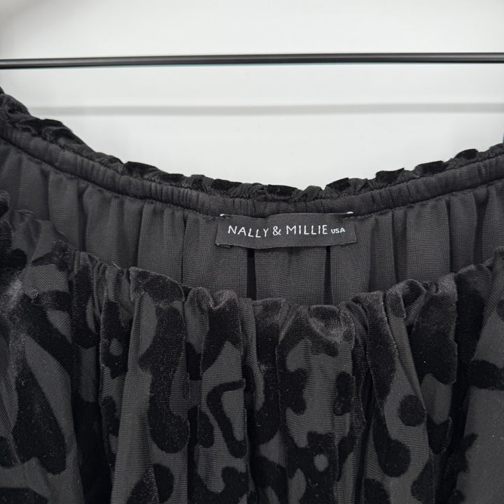 Nally & Millie Blouse Top Women S/M Black Burnout Velvet Nylon Lined Bell Sleeve