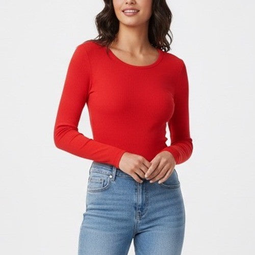 A New Day Ribbed Long Sleeve Scoop Neck Red Bodysuit Size Small