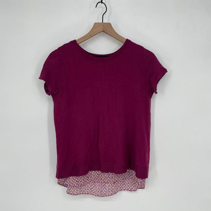 Ann Taylor Petite Short Sleeve Knit Top with Printed Layered Hem Size SP