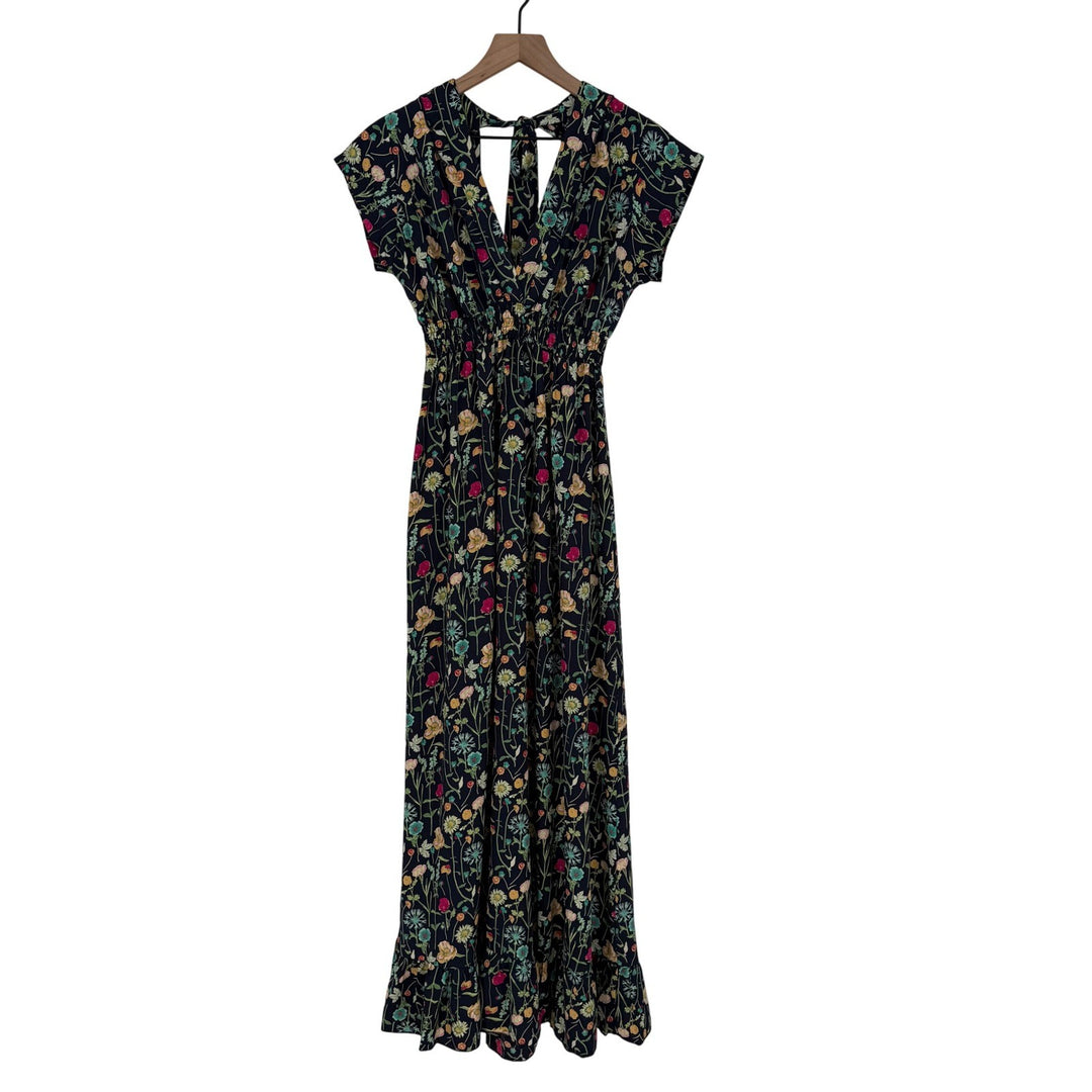 BETINA Floral Print Maxi Dress Deep V Neck Smocked Waist Tie Back Navy