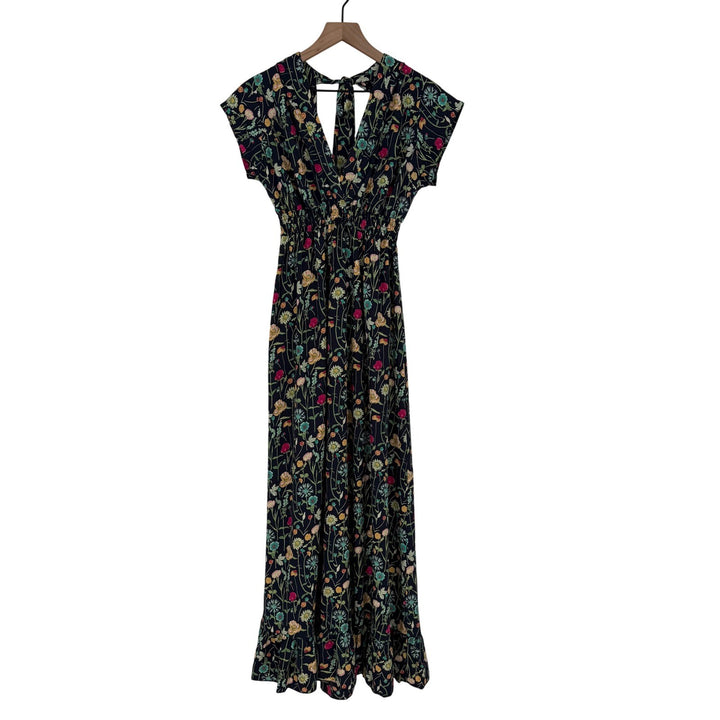 BETINA Floral Print Maxi Dress Deep V Neck Smocked Waist Tie Back Navy