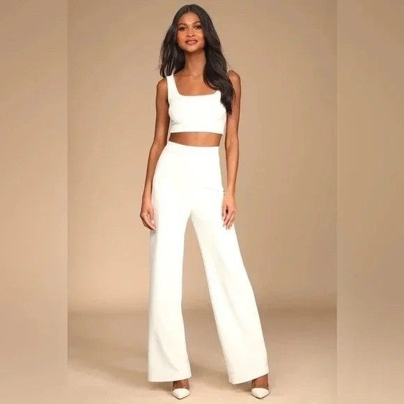 Lulus Women's Two-Piece Set Crop Top Wide Leg Pants White Size Large