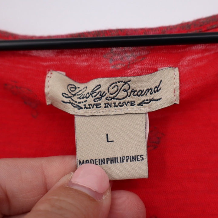 Lucky Brand Red Floral Print Tassel V Neck Long Sleeve Top Women's Size L