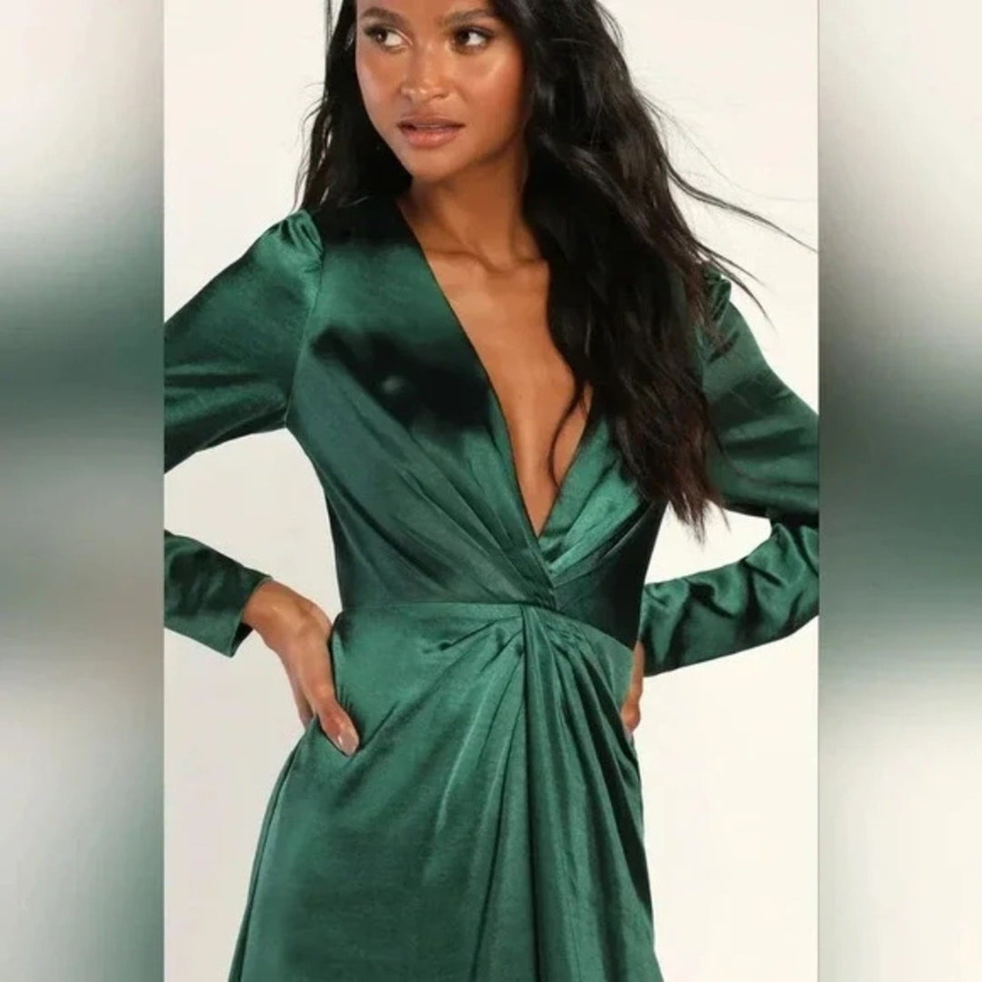 Lulus Endearing Elegance Emerald Green Satin Long Sleeve Maxi Dress Size 3X