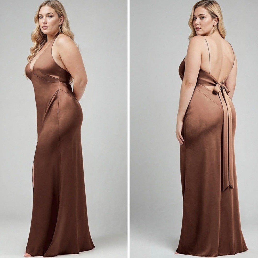 After Six Plunge Halter Open-Back Maxi Bias Dress Size M