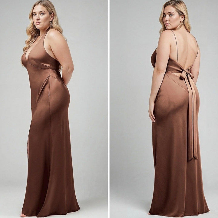 After Six Plunge Halter Open-Back Maxi Bias Dress Size M