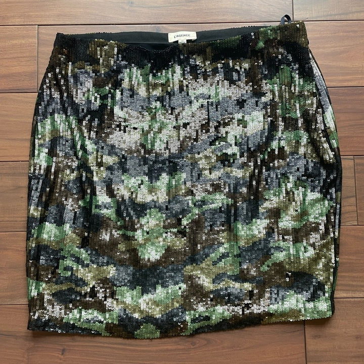L'Agence Phoebe Metallic Sequined Camo Skirt Size 10