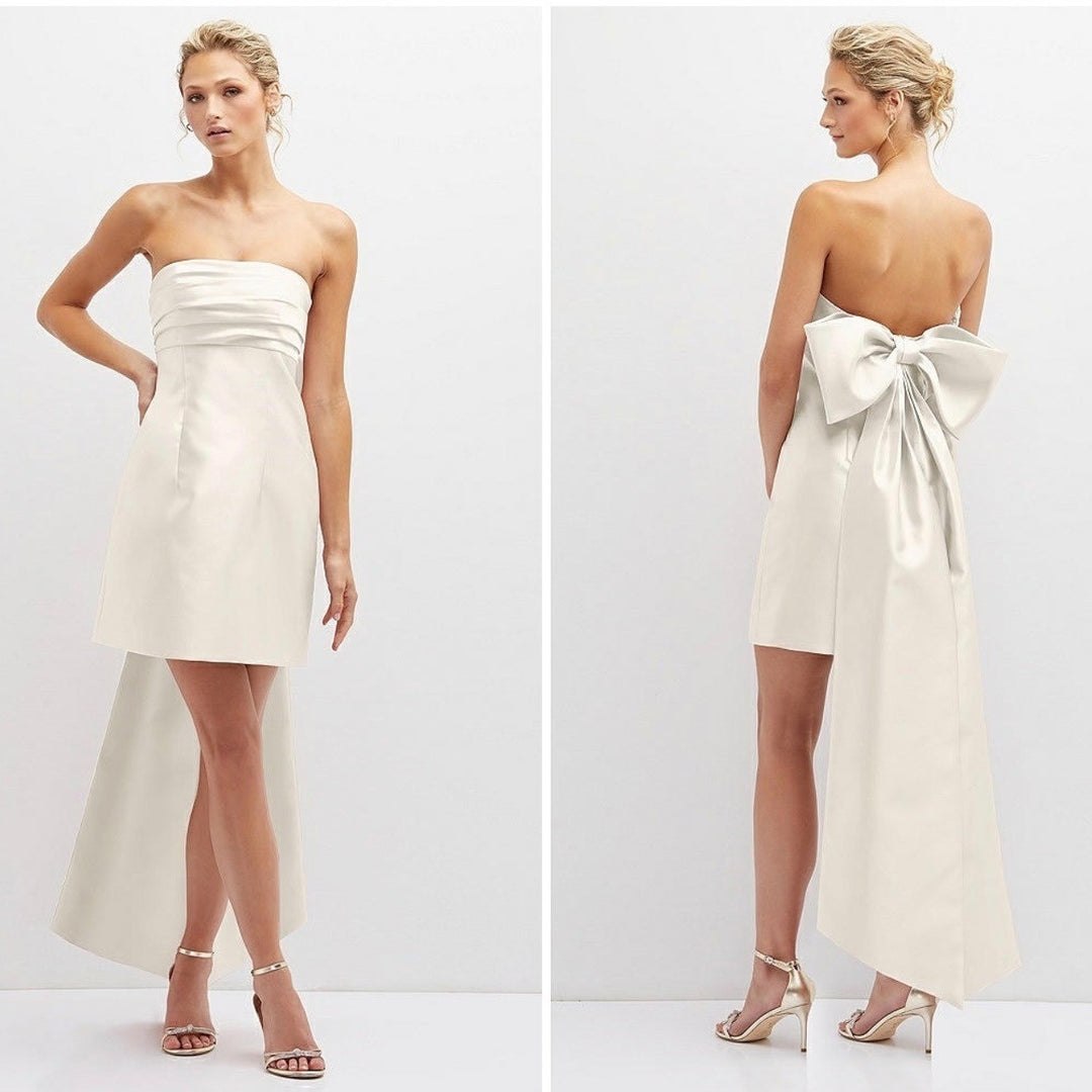 Alfred Sung Strapless Satin Column Mini Dress With Oversized Bow In Ivory Size 4